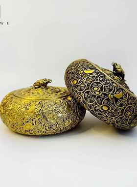 金蝉元宝带盖黄铜烟灰缸 仿古工艺品摆件聚宝盆黄铜制作