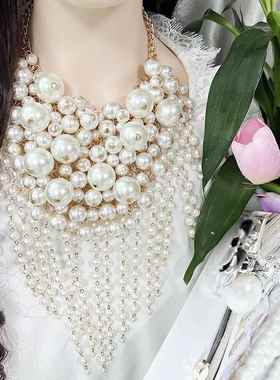 欧美跨境夸张热销多层珍珠项链百搭时尚配饰流苏个性新娘饰品套链
