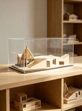 现木质建筑模型摆件艺术工艺品样板房书房桌面亚克力罩装饰摆设