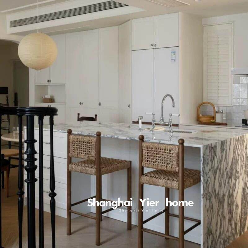 中古实木高脚椅家用咖啡厅吧台椅设计师覆古绳编餐椅岛台椅靠背椅,淘宝优惠券,粉丝福利购,淘宝优惠卷