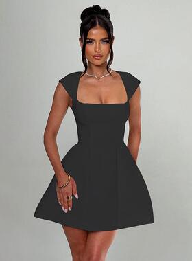 Women's Square Neck Short Sleeve Dress Elegant Fashion Chic