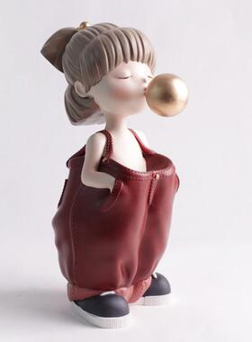 北欧简约卡通风穿牛仔裤男孩女孩吹气球雕塑擡头少女家居装饰摆件