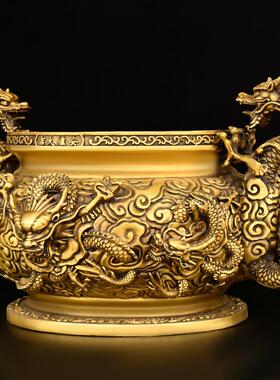 纯黄铜香炉铜九龙香炉双龙香炉家用供奉供佛室内烧香焚香彷古大号