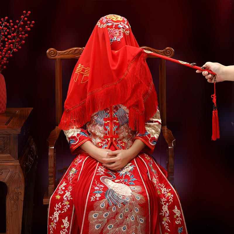 新娘红盖头结婚复古刺绣软头纱高档秀喜秤杆中式婚礼红色蒙头巾 - 图0
