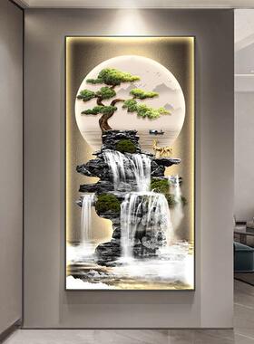 迎客松山水画挂画LED玄关楼梯间茶室装饰画寓意好麋鹿入户灯光画