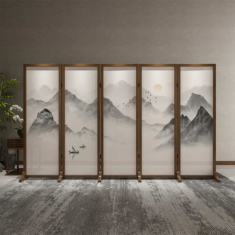 中式实木屏风折叠移动客厅入户进门隔断遮挡酒店简约现代山水折屏 - 图1