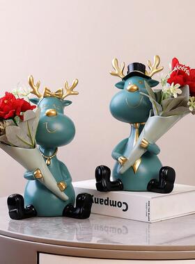 创意情侣鹿插花摆件客厅彷真花电视柜玄关柜摆设餐柜酒柜装饰品