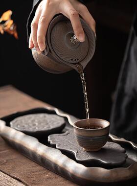 鎏金荷塘茶盘日式粗陶壶承蓄水储水式小号干泡台陶瓷茶壶托盘