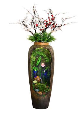 新款大型落地循环水喷泉陶罐工艺品酒店迎宾仿真树摆件厂家直销