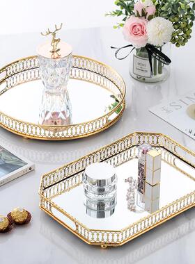 欧式金属镜面化妆台桌面茶几收纳托盘样板装饰品美式玻璃水果盘