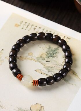 原木森系创意黑檀木念珠手串新中式醒狮混搭沉香桶珠木质手链