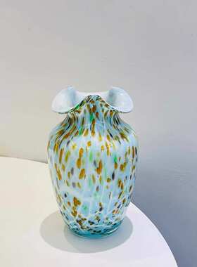 中古美式复古波点手工玻璃中号圆滚滚蓝色花瓶居家插花装饰器皿