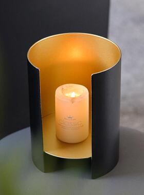 现代轻奢新中式摆件书房黑金半圆形蜡烛台样板房软装饰品金属摆设