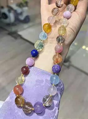 精品天然水晶多宝圆珠款项链 海蓝宝黑金超七紫锂辉南红
