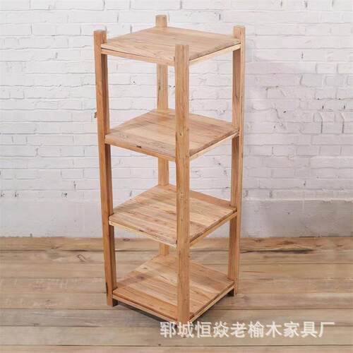 老榆木花架简约落地角几小书架隔板实木客厅置物架茶具展示架 - 图2