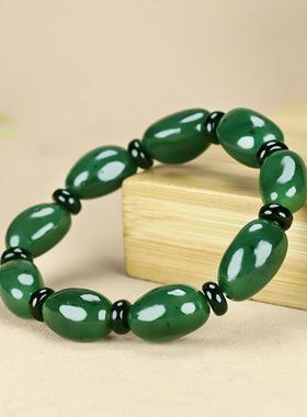 新疆和田玉手串碧玉随形手链女款玉石单圈手链菠菜绿有黑点正品