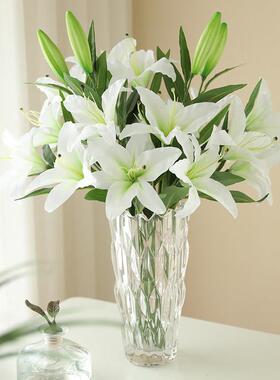 高档5头雅致百合仿真花束假花绢花塑料花摆设 客厅装饰品餐桌摆件
