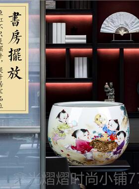 正品景德镇招陶瓷器财盆进宝粉彩鱼缸聚宝创中式家居客厅装意饰品
