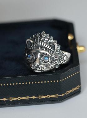 Chiba Vintage Moonlight Stone Thai Silver Indian Cat Ring Pe