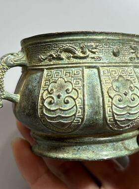古玩杂项仿古夏商周人面兽鼎双耳兽杯古代青铜酒杯酒具摆件青铜器