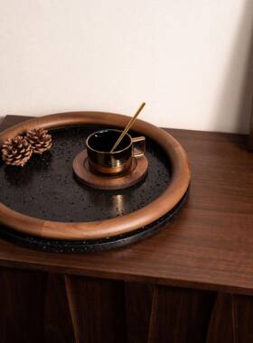 新中式复古桌面摆件艺术托盘果盘客厅办公室工艺品中古装饰品