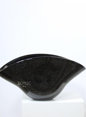 现代轻奢极简黑色金粉扁口琉璃果盘样板间售楼处软装饰品家居摆件