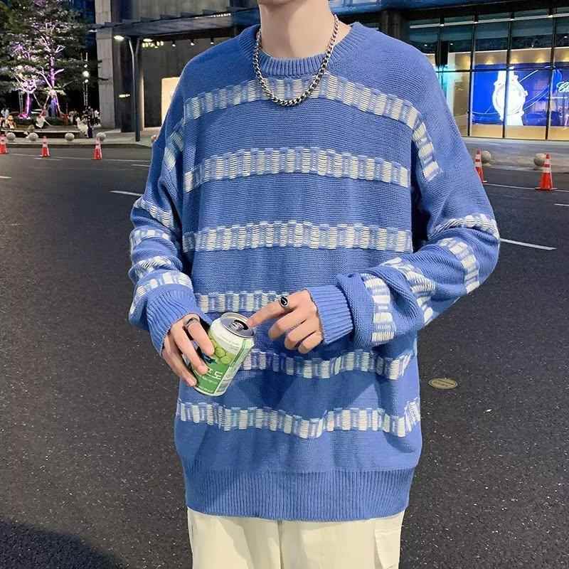 男士毛衣针织衫条纹直筒型潮套头休闲拼接青春流行慵懒圆领秋长袖 - 图0