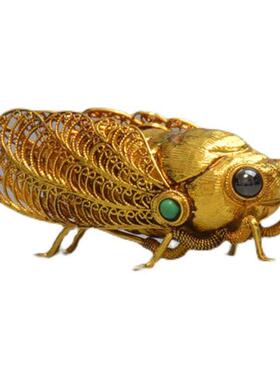 古黄金色蝉摆件高X2053级金鎏花收丝镶玩嵌绿宝全手工精制艺术藏