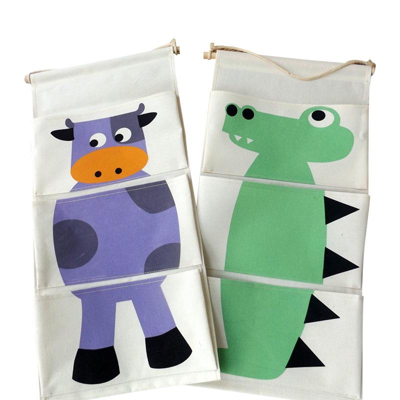 Home hanging bag storage bag wall hanging cartoon animal cotton and linen fabric art door wall hanging three pocket storage bag