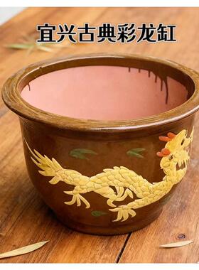龙缸花盆粗陶黑釉缸加厚特大号复古百福落地盆景庭院种树陶瓷花盆