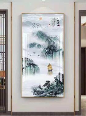 入户玄关山水画中式装饰画办公室挂画轻奢流水生财竖版走廊装饰画