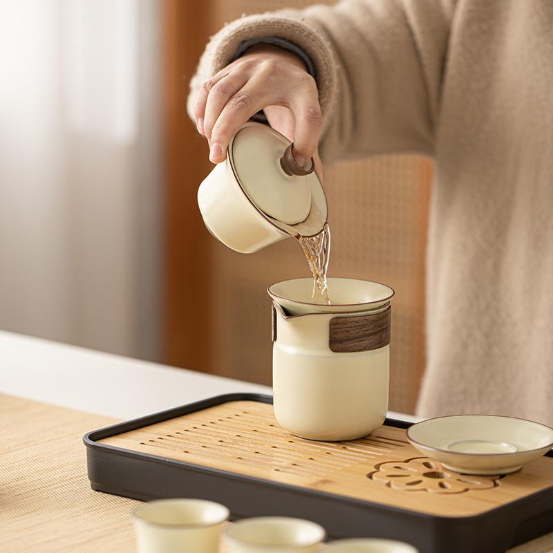 Ru kiln opens to support the family. Outdoor travel tea set. Complete set of tea brewing sets. Ceramic Sancai Cover Bowl Teapot Tea Cup