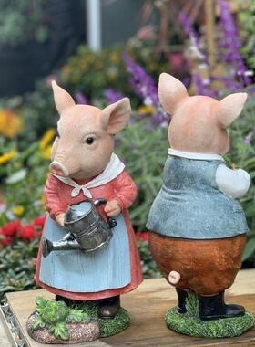 花园杂货户外庭院摆件露台花架创意阳台卡通动物树脂辛勤小猪摆件