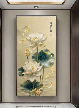 新中式轻奢玄关晶瓷镶钻客厅竖版装饰挂画jc256九鱼图80160