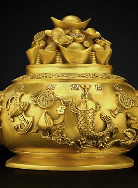 新款直销纯铜带盖聚宝盆摆件五路财神聚宝盆大小号家居客厅办公室