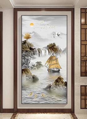 F一帆风顺新中式山水画玄关挂画走廊过道装饰画海纳百川办公室字