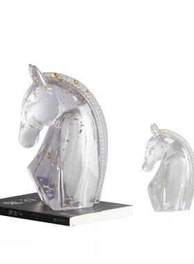 现代新中式家居摆件样板间书房书柜透明动物水晶马头金箔工艺饰品