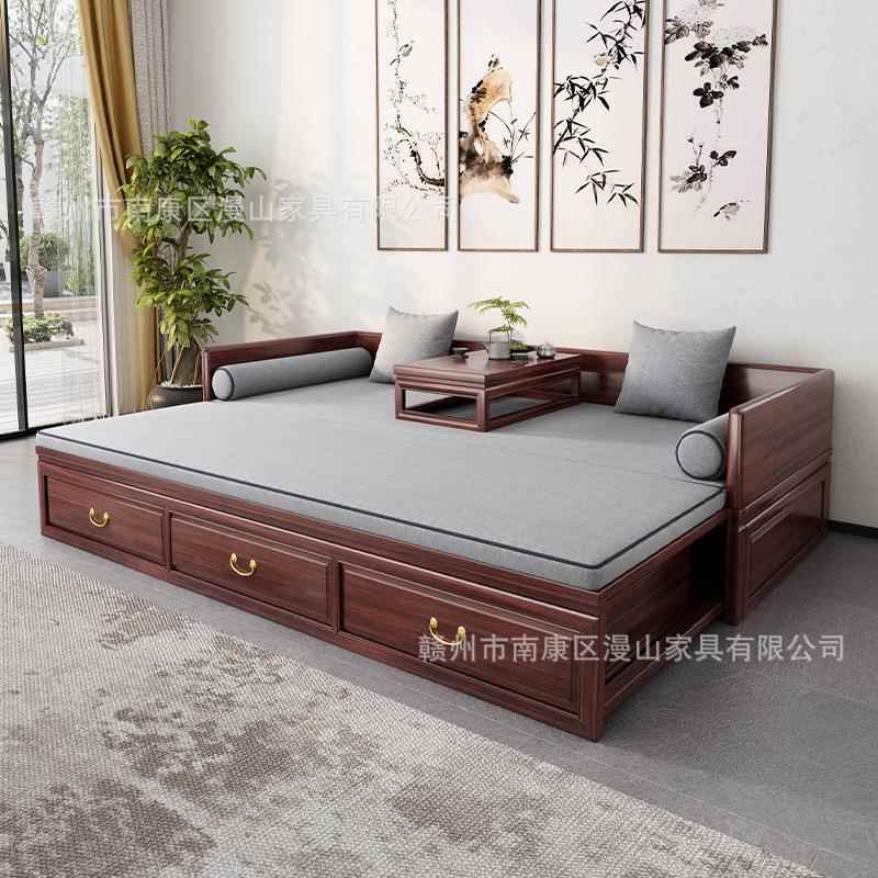 新中式罗汉床实木花梨木推拉床客厅贵妃榻伸缩储物带抽屉箱沙发床 - 图0