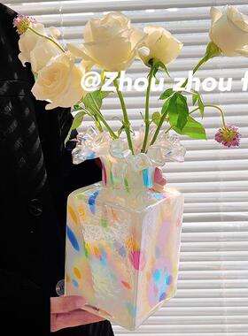 粉色花白水墨花瓶黑白山水云纹水波纹方砖花器外贸出口手工玻璃