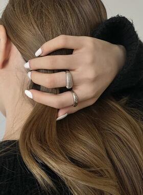 韩版S925镀银简约素圈戒指女复古时尚气质几何竖纹开口指环食指戒