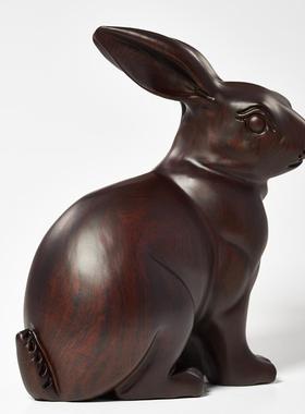 黑檀木雕兔子摆件实木质生肖动物兔家居客厅玄关装饰品红木工艺品