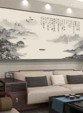 流水生财山水画客厅挂画沙发背景墙装饰画办公室靠山图大气壁画
