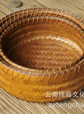复古大漆竹编提手果盘干果竹雕