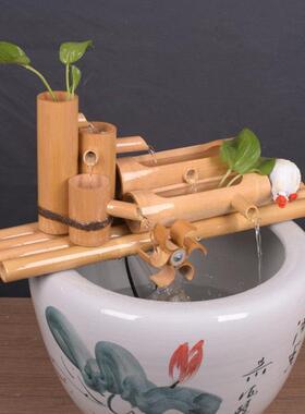 竹子流水鱼缸家居办公室养鱼增氧中式造景创意石缸老石槽过滤器