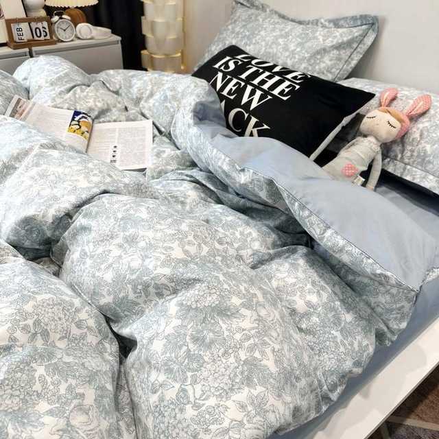 American green plant pastoral Class A nude sleeping 100 long velvet cotton four-piece set full quilt cover bed linen bedding