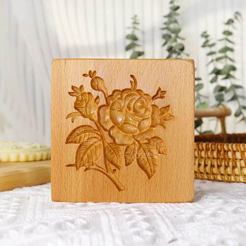 1PC Wood Cookie Mold with Rose Flower Patterns, Christmas 3D - 图2