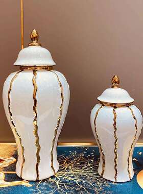 陶瓷轻奢电镀将军罐欧式花插花瓶工艺品摆件玄关软装装饰储物罐