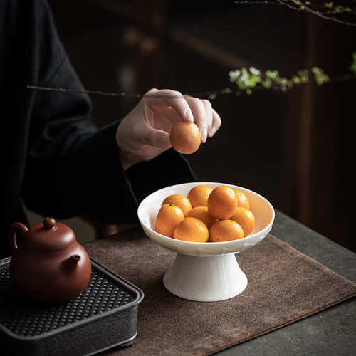 九匠风 湖田窑彷古高足壶承 手工雕刻莲瓣纹茶点盘功夫茶具托盘 - 图0