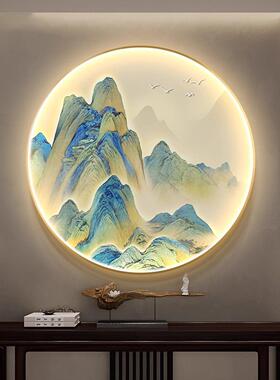 新中式千里江山图玄关装饰画灯饰画镶嵌凹槽壁画圆形带灯入户画