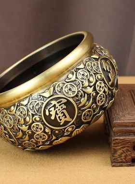 黄铜聚宝盆办公室客厅创意元宝五帝钱铜缸摆件中式地摊会销礼品